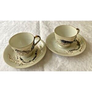 TWO Vtg SOKO China DRAGON Ware Tea Cups and Saucers Japan Handpainted Espresso